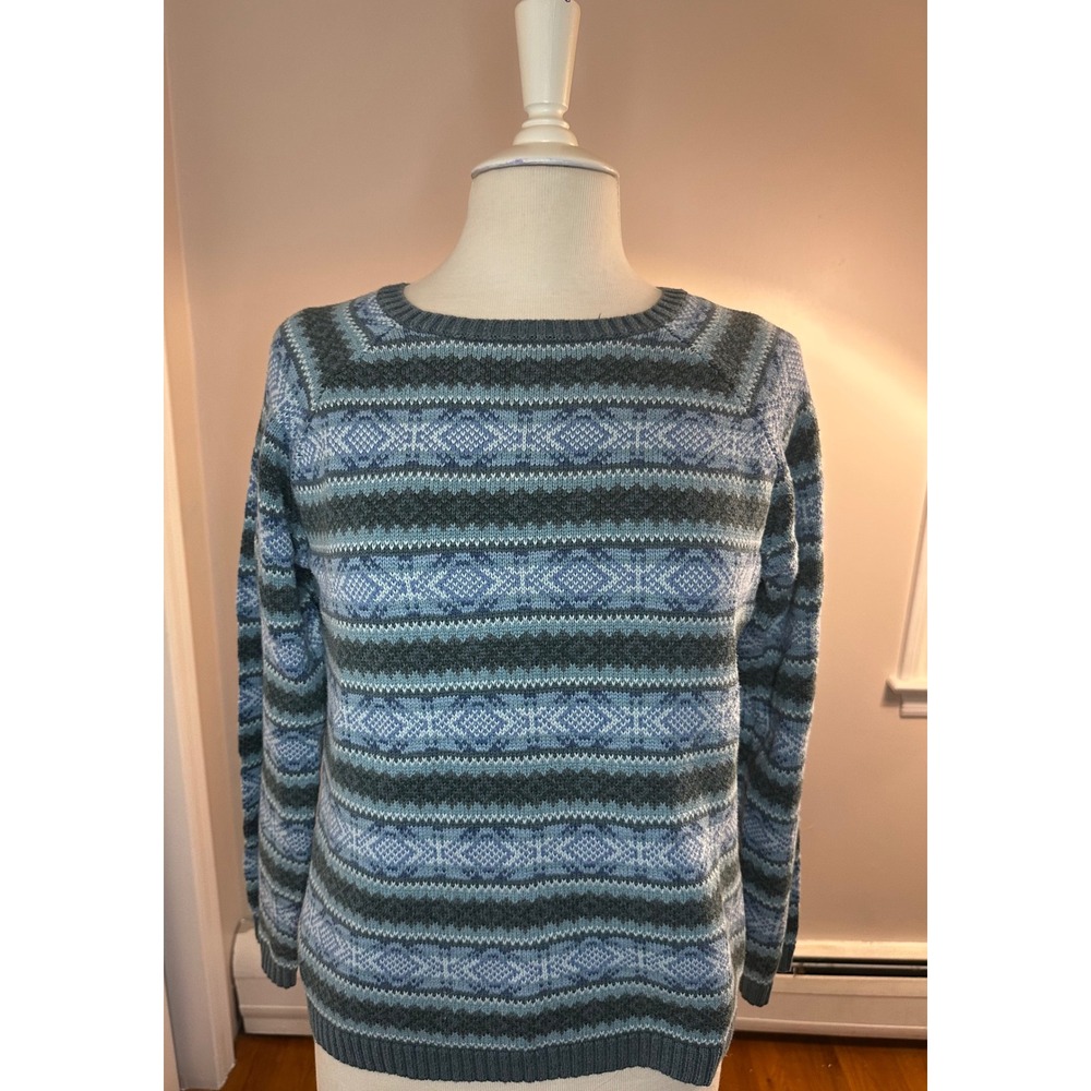 LL Bean Womens Blue Fair Isle Cotton Knit Crew Neck Sweater Large L-REG 0BHP7